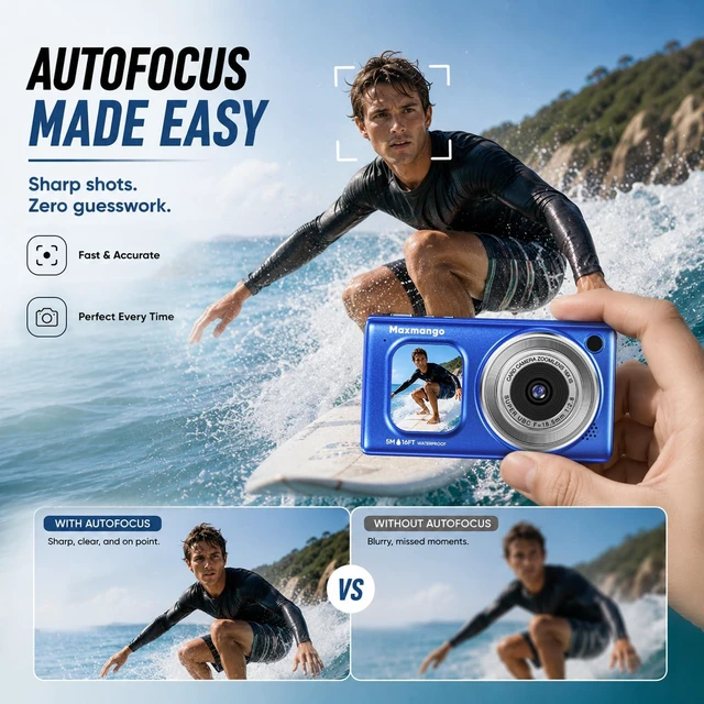 Alt view image 5 of 7 - 16FT Underwater Digital Camera, 4K 48MP 1500mAh Removable Battery 18X Zoom D71 Waterproof Compact Floatable Camera for Snorkeling Diving Swimming Surfing, Dual Screens - Blue(8GB)