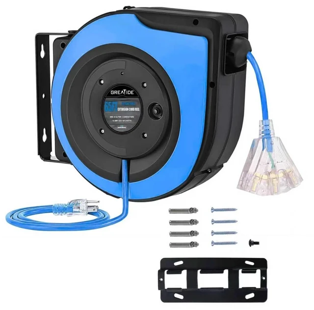 Main image of Retractable Extension Cord Reel, 65 Feet 12 AWG/3C SJTOW Heavy Duty Power Cord,15 AMP Circuit Breaker, 3-Lighted Triple Outlets, Ceiling or Wall Mount Use Gifts for Dad