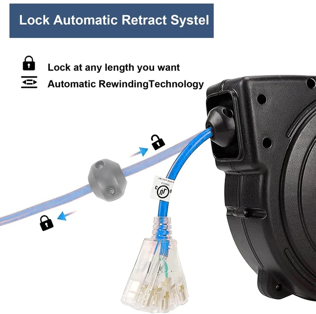 Alt view image 3 of 7 - Retractable Extension Cord Reel, 65 Feet 12 AWG/3C SJTOW Heavy Duty Power Cord,15 AMP Circuit Breaker, 3-Lighted Triple Outlets, Ceiling or Wall Mount Use Gifts for Dad