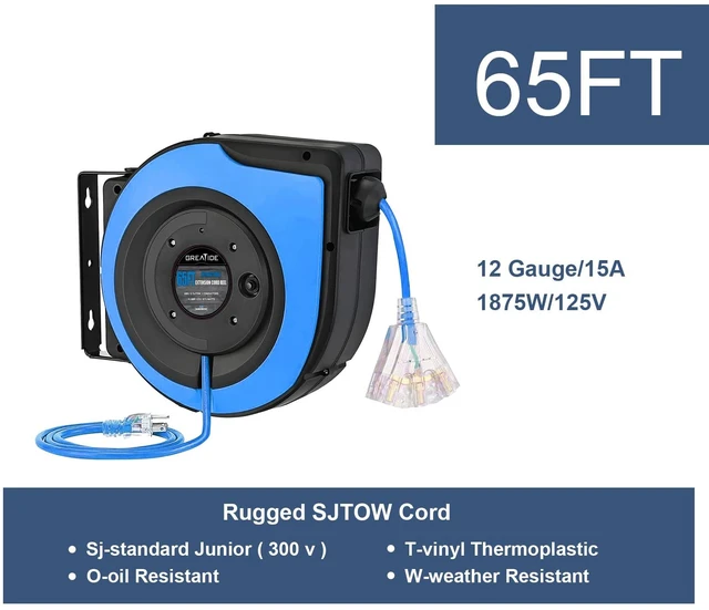 Alt view image 2 of 7 - Retractable Extension Cord Reel, 65 Feet 12 AWG/3C SJTOW Heavy Duty Power Cord,15 AMP Circuit Breaker, 3-Lighted Triple Outlets, Ceiling or Wall Mount Use Gifts for Dad