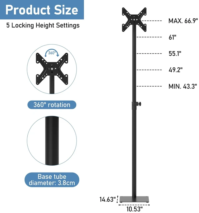 Alt view image 2 of 7 - 360° Rotation Monitor Floor TV Stand with VESA Mount for 14-43 Inch TV Extra Tall Height Adjustable TV Stand with Steel Flat Base, Universal Vertical Freestanding Pole for Corner, Office, Home