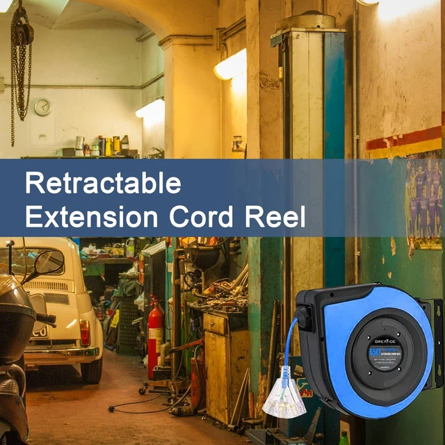 Alt view image 7 of 7 - Retractable Extension Cord Reel, 65 Feet 12 AWG/3C SJTOW Heavy Duty Power Cord,15 AMP Circuit Breaker, 3-Lighted Triple Outlets, Ceiling or Wall Mount Use Gifts for Dad