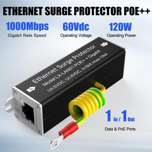 Alt view image 3 of 7 - 2 Pack 10/100/1000Mbps PoE++ Surge Protector, 10KV Lightning Arrestor with GDT, 120W RJ45 Adapter, Metal Shielded, CAT5/CAT6 LAN Protection, Wide Temperature, Flange Mount