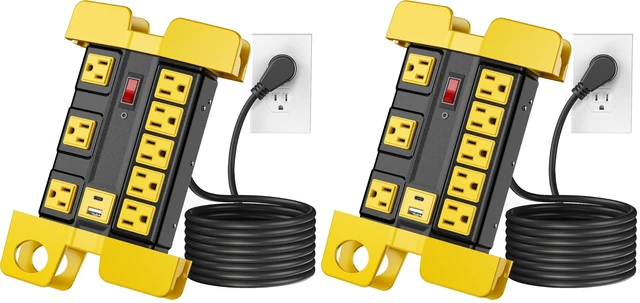 Main image of 8-Outlet Metal Heavy Duty Power Strip with USB-C, Wide-Spaced, Black, 10ft (Pack of 2)