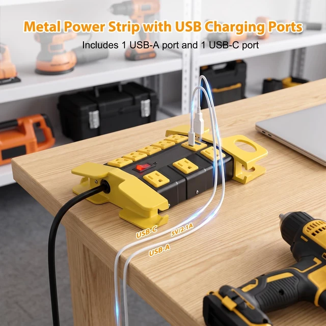 Alt view image 2 of 7 - 8-Outlet Metal Heavy Duty Power Strip with USB-C, Wide-Spaced, Black, 10ft (Pack of 2)