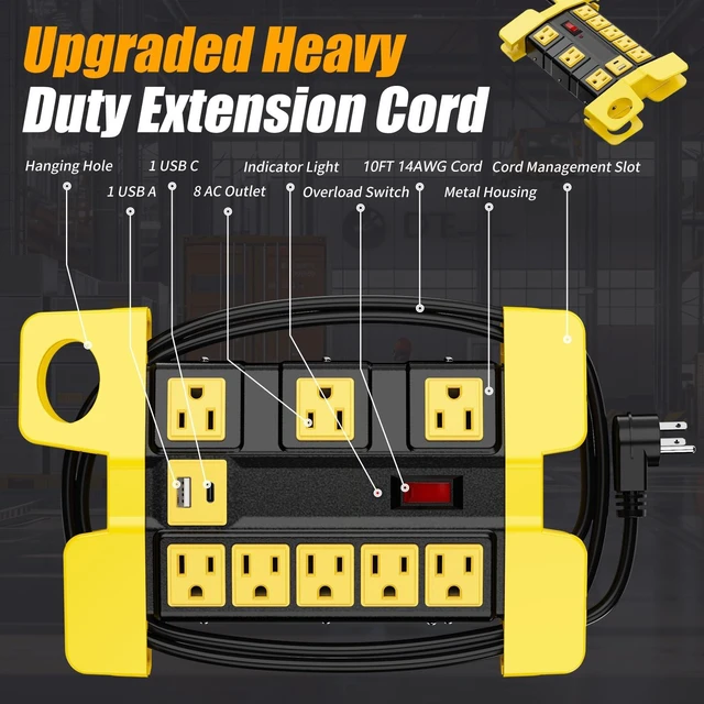 Alt view image 5 of 7 - 8-Outlet Metal Heavy Duty Power Strip with USB-C, Wide-Spaced, Black, 10ft (Pack of 2)