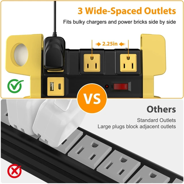 Alt view image 7 of 7 - 8-Outlet Metal Heavy Duty Power Strip with USB-C, Wide-Spaced, Black, 10ft (Pack of 2)