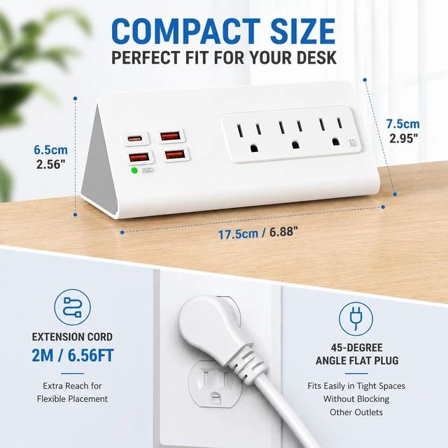 Alt view image 6 of 7 - Nightstand Charging Station, Nightstand Edge Power Strip with 3 AC Outlets, 4 Fast Charging USB Ports, Connect 6.56FT Flat Plug, Desk Surge Protector for Office Home Hotel, 2-Pack(Black/White)