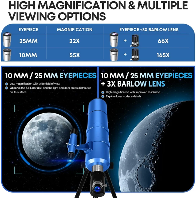 Alt view image 4 of 7 - Telescope for Kids & Adults, 90mm Aperture 550mm Astronomical Professional Telescope for Adults High Powered, Portable Travel Telescopes for Beginners with Tripod & Adapter, Bag, Folding Stool