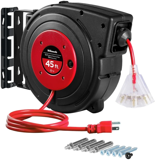 Main image of Retractable Extension Cord Reel, 45 FT Heavy Duty Power Cord, 12AWG/3C SJTOW, 3 Grounded Outlets Lighted Triple Tap, 15 Amp Circuit Breaker, UL Listed, Red R45CR06