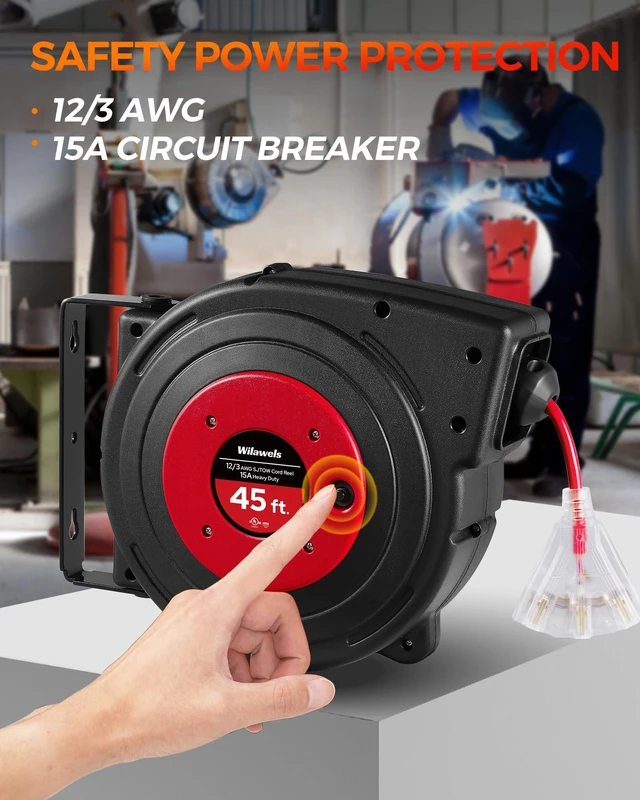 Alt view image 2 of 7 - Retractable Extension Cord Reel, 45 FT Heavy Duty Power Cord, 12AWG/3C SJTOW, 3 Grounded Outlets Lighted Triple Tap, 15 Amp Circuit Breaker, UL Listed, Red R45CR06