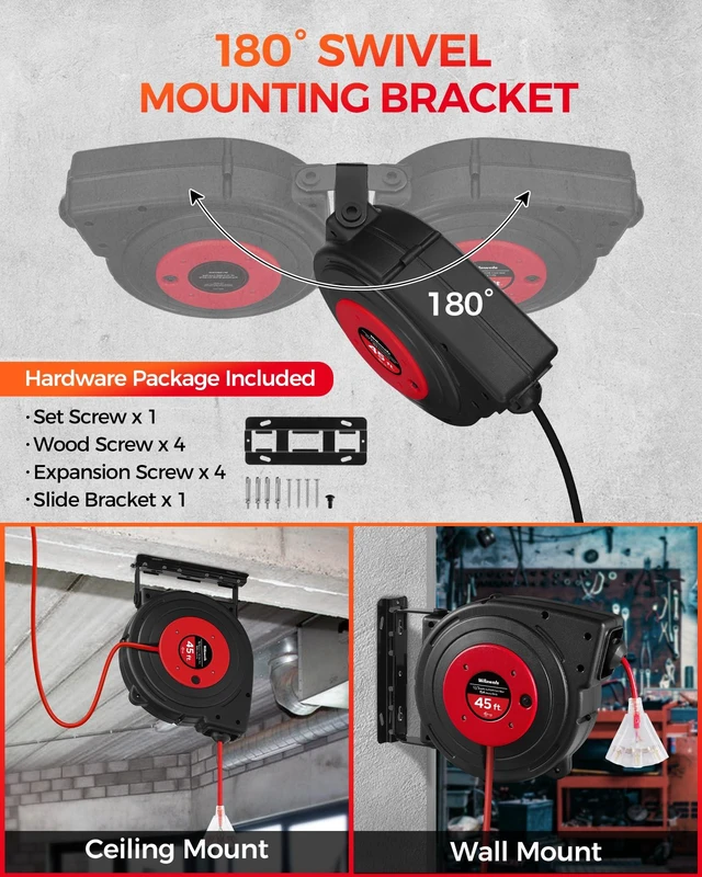 Alt view image 4 of 7 - Retractable Extension Cord Reel, 45 FT Heavy Duty Power Cord, 12AWG/3C SJTOW, 3 Grounded Outlets Lighted Triple Tap, 15 Amp Circuit Breaker, UL Listed, Red R45CR06