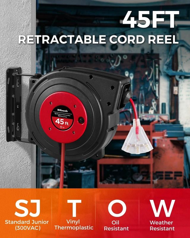 Alt view image 5 of 7 - Retractable Extension Cord Reel, 45 FT Heavy Duty Power Cord, 12AWG/3C SJTOW, 3 Grounded Outlets Lighted Triple Tap, 15 Amp Circuit Breaker, UL Listed, Red R45CR06