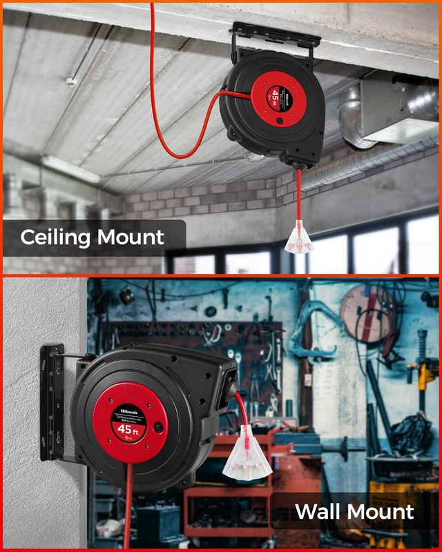 Alt view image 7 of 7 - Retractable Extension Cord Reel, 45 FT Heavy Duty Power Cord, 12AWG/3C SJTOW, 3 Grounded Outlets Lighted Triple Tap, 15 Amp Circuit Breaker, UL Listed, Red R45CR06