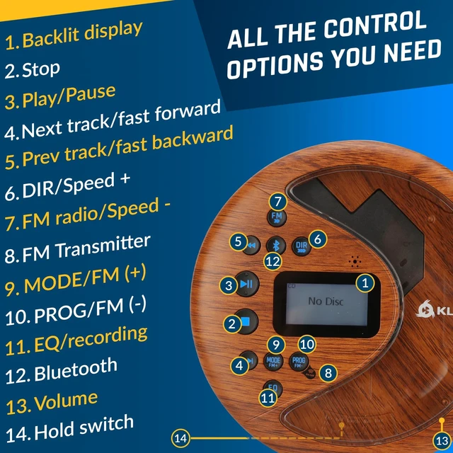 Alt view image 5 of 7 - Discover - Portable CD Player with Long-Lasting Battery - with Headphones - Radio FM - Compatible MP3 CD Player Portable - SD Card, FM Transmitter, Bluetooth - Ideal for Cars