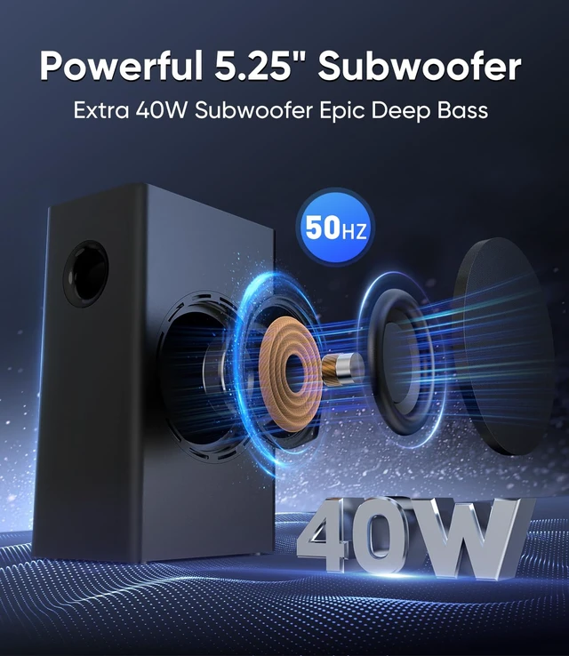 Alt view image 2 of 7 - 100W Sound Bar with Wired Subwoofer, Deep Bass & Crystal Dialogue Surround Sound Home Theater System, 3.1 Channel Soundbar, Bluetooth 5.3/ARC/AUX/Optical Inputs, for TV/PC/Projector/Gaming
