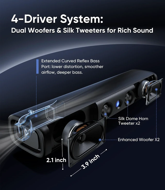 Alt view image 3 of 7 - 100W Sound Bar with Wired Subwoofer, Deep Bass & Crystal Dialogue Surround Sound Home Theater System, 3.1 Channel Soundbar, Bluetooth 5.3/ARC/AUX/Optical Inputs, for TV/PC/Projector/Gaming