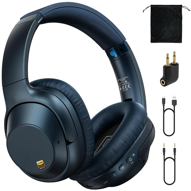 Main image of Bluetooth 6.0 Active Noise Cancelling Headphones for Airplane Travel, Blue LDAC Hi-Res Audio, 90H Playtime Wired and Wireless ANC Headphones, Over Ear Headset for Home Office, Custom EQ via APP