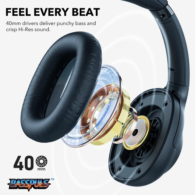 Alt view image 4 of 7 - Bluetooth 6.0 Active Noise Cancelling Headphones for Airplane Travel, Blue LDAC Hi-Res Audio, 90H Playtime Wired and Wireless ANC Headphones, Over Ear Headset for Home Office, Custom EQ via APP