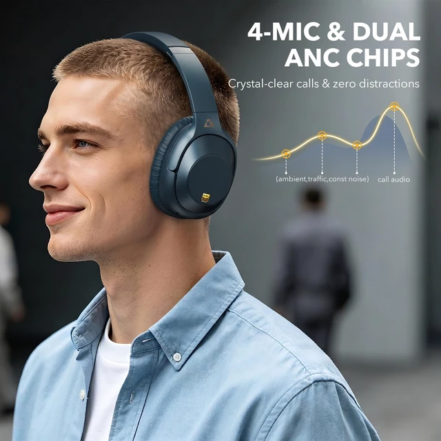 Alt view image 6 of 7 - Bluetooth 6.0 Active Noise Cancelling Headphones for Airplane Travel, Blue LDAC Hi-Res Audio, 90H Playtime Wired and Wireless ANC Headphones, Over Ear Headset for Home Office, Custom EQ via APP