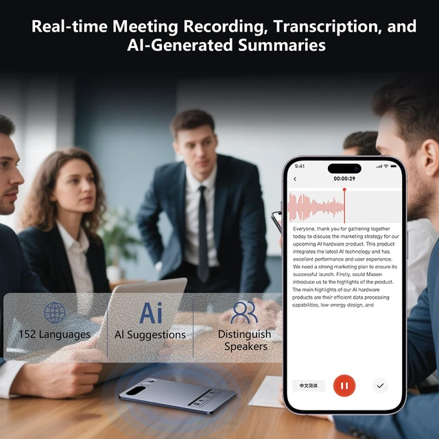Alt view image 6 of 7 - AI Voice Recorder 64GB, Pocket AI Recorder with Transcribe & Summarize, AI Noise Cancellation, APP Control, 35 Hours Recording, Supports 152 Languages for Meetings, Calls, Lectures, Interviews(Grey)