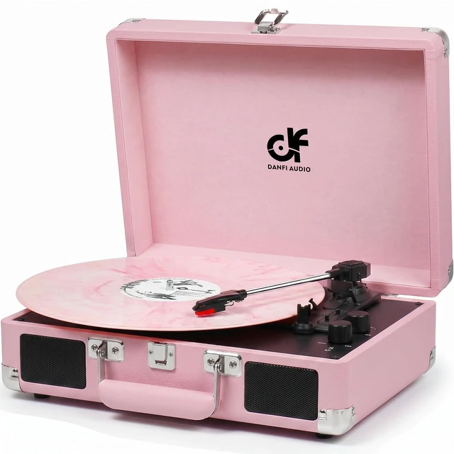 Main image of Pink Suitcase Record Player with Built-in Speakers, 3-Speed Vintage Vinyl Turntable with Bluetooth Input, Bass & Treble Tone Control, Auto Stop, Portable Music Gift for Women, Pink