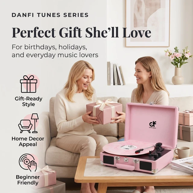 Alt view image 2 of 7 - Pink Suitcase Record Player with Built-in Speakers, 3-Speed Vintage Vinyl Turntable with Bluetooth Input, Bass & Treble Tone Control, Auto Stop, Portable Music Gift for Women, Pink