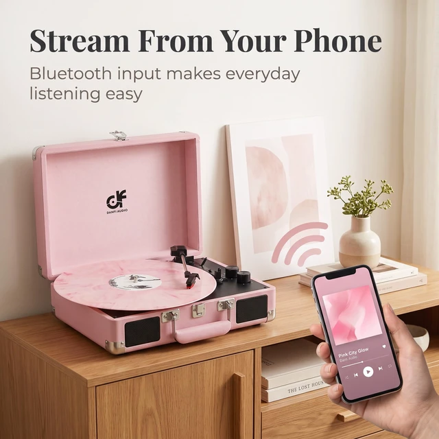 Alt view image 3 of 7 - Pink Suitcase Record Player with Built-in Speakers, 3-Speed Vintage Vinyl Turntable with Bluetooth Input, Bass & Treble Tone Control, Auto Stop, Portable Music Gift for Women, Pink