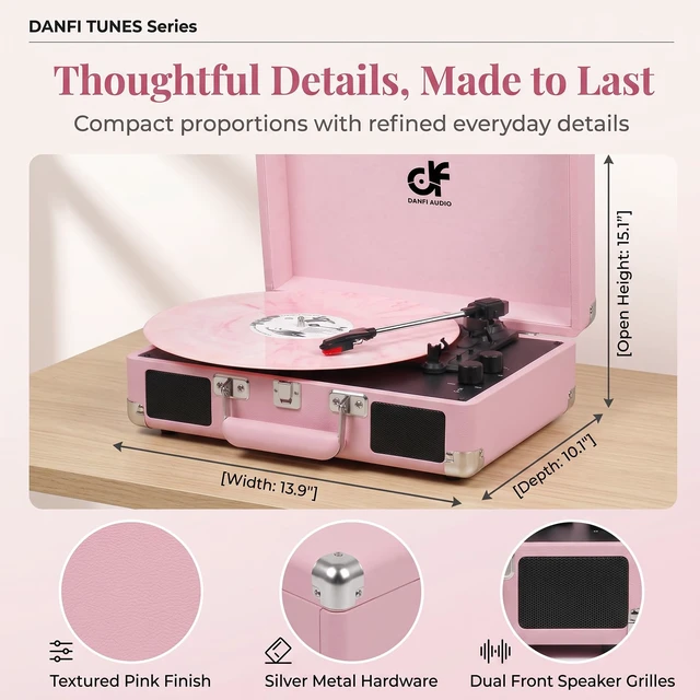 Alt view image 4 of 7 - Pink Suitcase Record Player with Built-in Speakers, 3-Speed Vintage Vinyl Turntable with Bluetooth Input, Bass & Treble Tone Control, Auto Stop, Portable Music Gift for Women, Pink