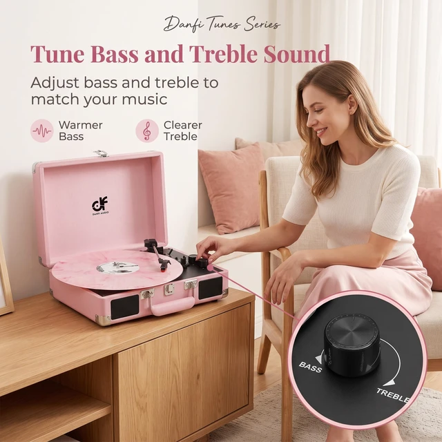 Alt view image 5 of 7 - Pink Suitcase Record Player with Built-in Speakers, 3-Speed Vintage Vinyl Turntable with Bluetooth Input, Bass & Treble Tone Control, Auto Stop, Portable Music Gift for Women, Pink