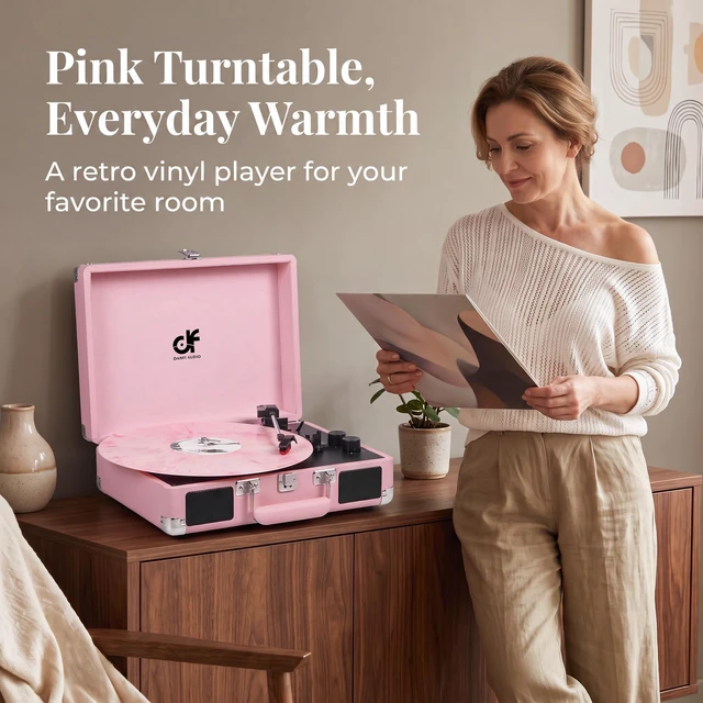 Alt view image 6 of 7 - Pink Suitcase Record Player with Built-in Speakers, 3-Speed Vintage Vinyl Turntable with Bluetooth Input, Bass & Treble Tone Control, Auto Stop, Portable Music Gift for Women, Pink