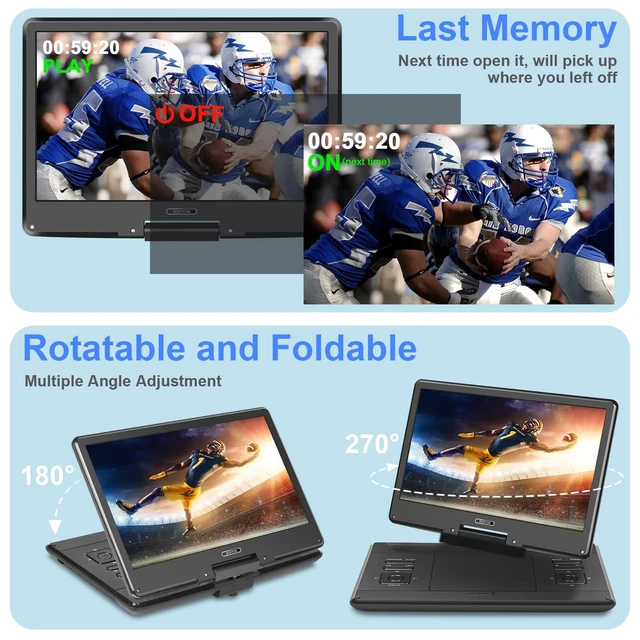 Alt view image 4 of 7 - 16.9" Portable DVD Player with 14.1 HD Swivel Screen, 6Hrs Play DVD Player Portable with Dual Speaker, Last Memory, Support SYNC TV/USB/SD Card, Play All Discs Format Except Blu-ray, Black