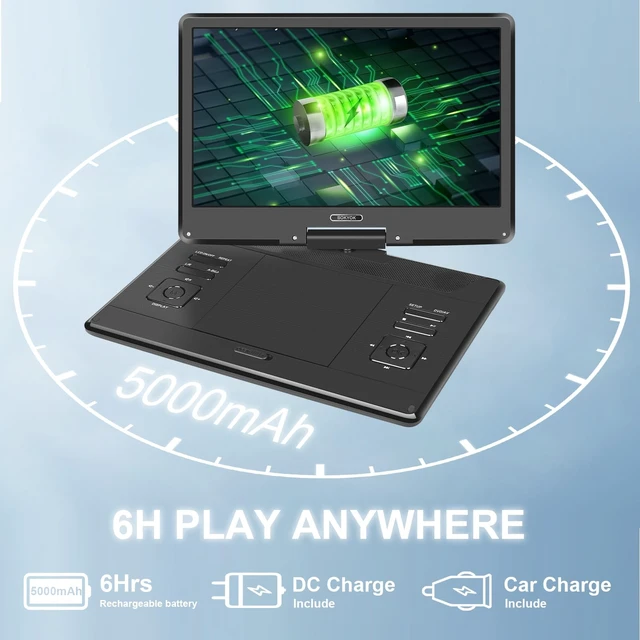 Alt view image 5 of 7 - 16.9" Portable DVD Player with 14.1 HD Swivel Screen, 6Hrs Play DVD Player Portable with Dual Speaker, Last Memory, Support SYNC TV/USB/SD Card, Play All Discs Format Except Blu-ray, Black
