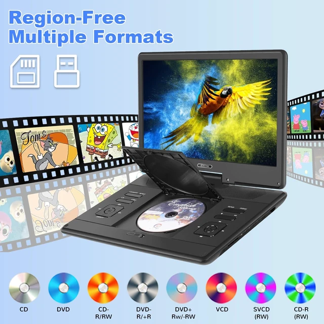 Alt view image 6 of 7 - 16.9" Portable DVD Player with 14.1 HD Swivel Screen, 6Hrs Play DVD Player Portable with Dual Speaker, Last Memory, Support SYNC TV/USB/SD Card, Play All Discs Format Except Blu-ray, Black