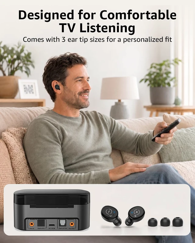 Alt view image 6 of 7 - ClearLinkTV E3Pro Wireless Earbuds for TV Watching for Seniors with Transmitter Charging Base, Plug n Play, Low Latency, Works with TV Optical/3.5mm AUX/RCA Audio Out, Soundbar Passthrough