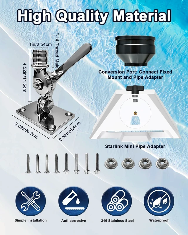 Alt view image 4 of 7 - Starlink Mini Adjustable Fixed Mount, Marine-Grade 316 Stainless Steel Ratchet Base, Heavy-Duty Antenna Mount with Pipe Adapter, Dual Swivel Ideal for Boats, Yachts, Sailboats & RVs