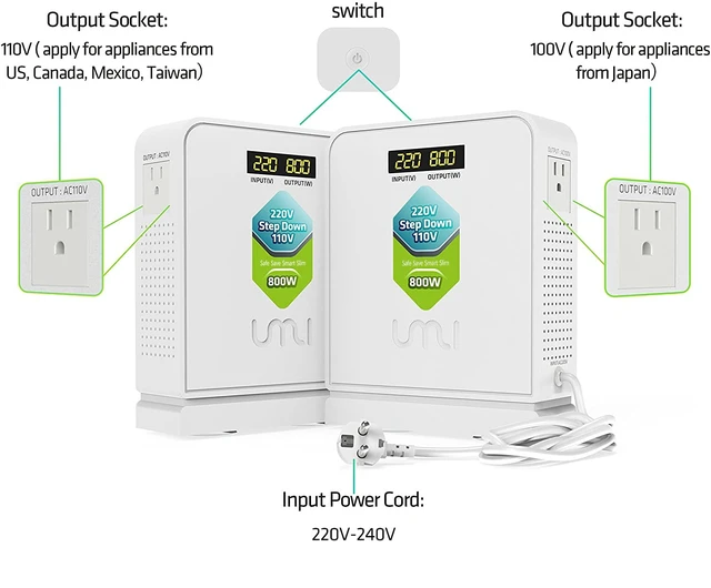 Alt view image 3 of 7 - Step Down Converter 220V to 110V 800W Use Europe Appliances to US Electric Transformer 240v to 120v Voltage,Canada Japan Equipment Use in Asia,Heavy Duty,2 Output 100V 110,Safe,White