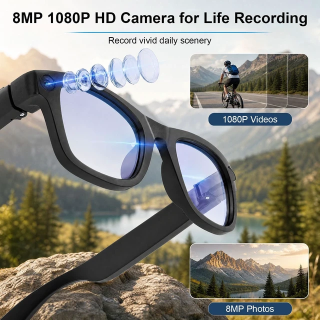 Alt view image 2 of 7 - AI Smart Glasses with Camera, 8MP HD Capture 1080P EIS Video & ChatGPT AI Sunglasses, Hands-Free Video & Photo, 165-Language Real-Time Translate, Dual Open-Ear Speakers, for Travel/Work/Daily