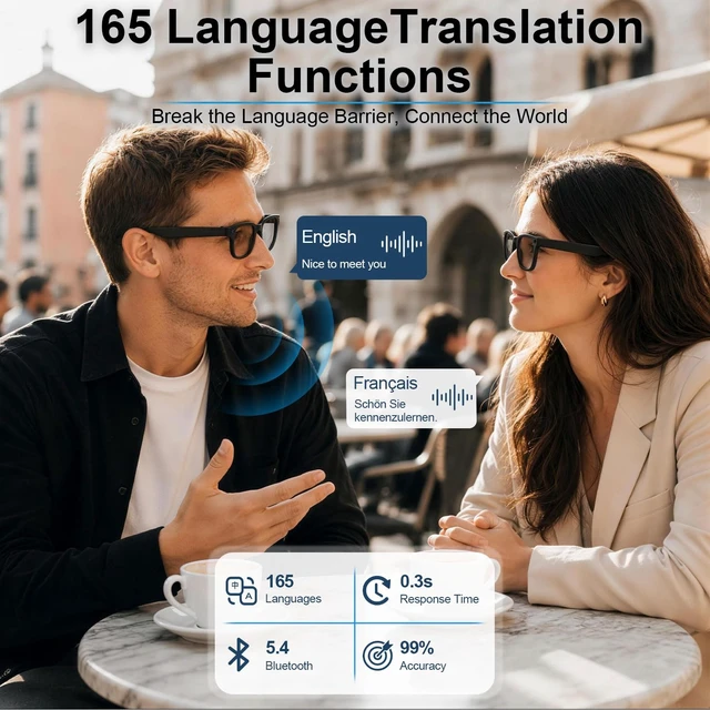 Alt view image 6 of 7 - AI Smart Glasses with Camera, 8MP HD Capture 1080P EIS Video & ChatGPT AI Sunglasses, Hands-Free Video & Photo, 165-Language Real-Time Translate, Dual Open-Ear Speakers, for Travel/Work/Daily