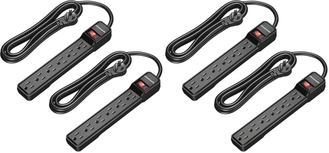 Main image of 4-Pack 10FT Power Strip Surge Protector, 6-Outlet Strip with Low Profile Flat Plug, 15 Amp Circuit Breaker, 500 Joules, Wall Mount, Black, UL Listed