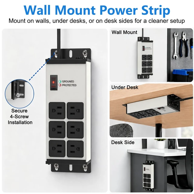 Alt view image 6 of 7 - Heavy Duty Surge Protector Power Strip Gray, 6 Outlets, 6FT (Pack of 2)