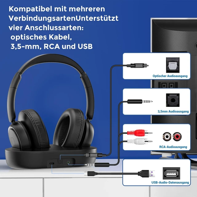 Alt view image 5 of 7 - Wireless Headphones for TV Watching, TV Headphones Wireless for Seniors with Transmitter Charging Base, Support Optical,AUX,RCA and USB, High Volume No Audio Delay, Plug and Play, BKBU