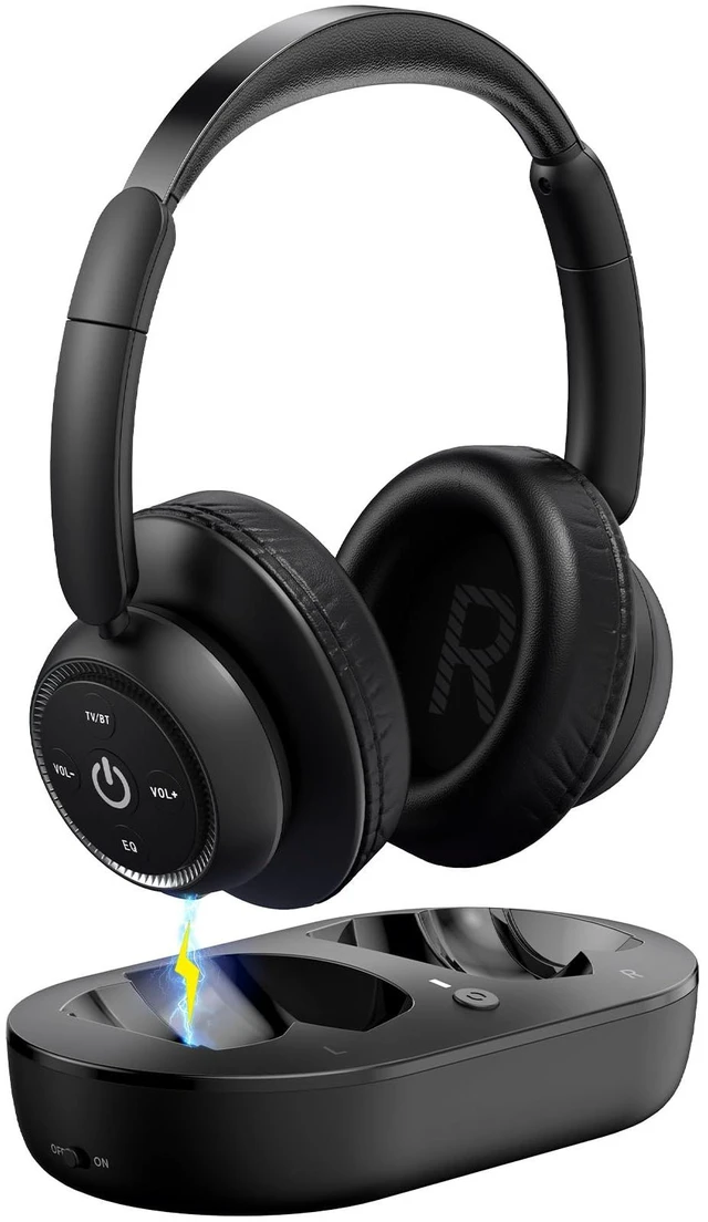 Main image of Wireless TV Headphones for Seniors with Transmitter,Black wireless TV headphones with low audio delay,transmitter charging base,independent volume control,with Optical,AUX,RCA and USB