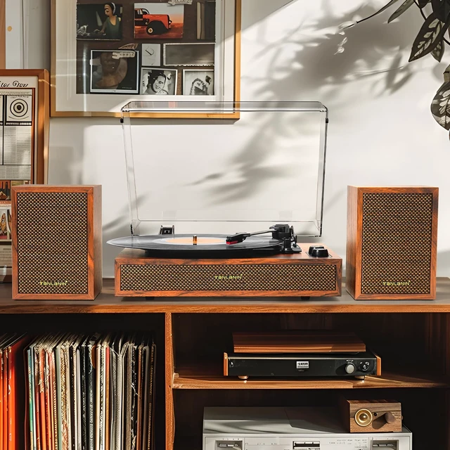 Alt view image 2 of 7 - Vinyl Record Player with External Speakers, 3 Speed Vintage Stereo Turntable for Vinyl Records, Bluetooth Input, Auto Stop & Belt Driven System, RCA Out and Aux in - Brown