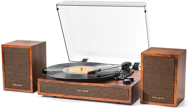 Main image of Vinyl Record Player with External Speakers, 3 Speed Vintage Stereo Turntable for Vinyl Records, Bluetooth Input, Auto Stop & Belt Driven System, RCA Out and Aux in - Brown