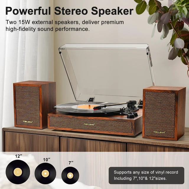 Alt view image 3 of 7 - Vinyl Record Player with External Speakers, 3 Speed Vintage Stereo Turntable for Vinyl Records, Bluetooth Input, Auto Stop & Belt Driven System, RCA Out and Aux in - Brown