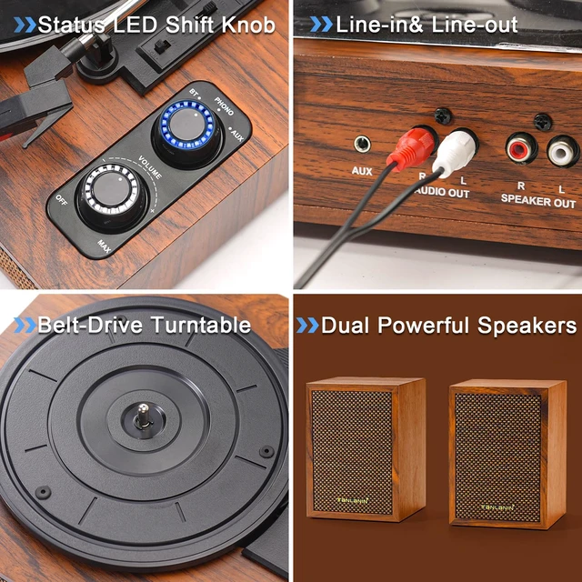 Alt view image 4 of 7 - Vinyl Record Player with External Speakers, 3 Speed Vintage Stereo Turntable for Vinyl Records, Bluetooth Input, Auto Stop & Belt Driven System, RCA Out and Aux in - Brown