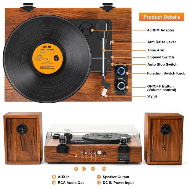 Alt view image 7 of 7 - Vinyl Record Player with External Speakers, 3 Speed Vintage Stereo Turntable for Vinyl Records, Bluetooth Input, Auto Stop & Belt Driven System, RCA Out and Aux in - Brown