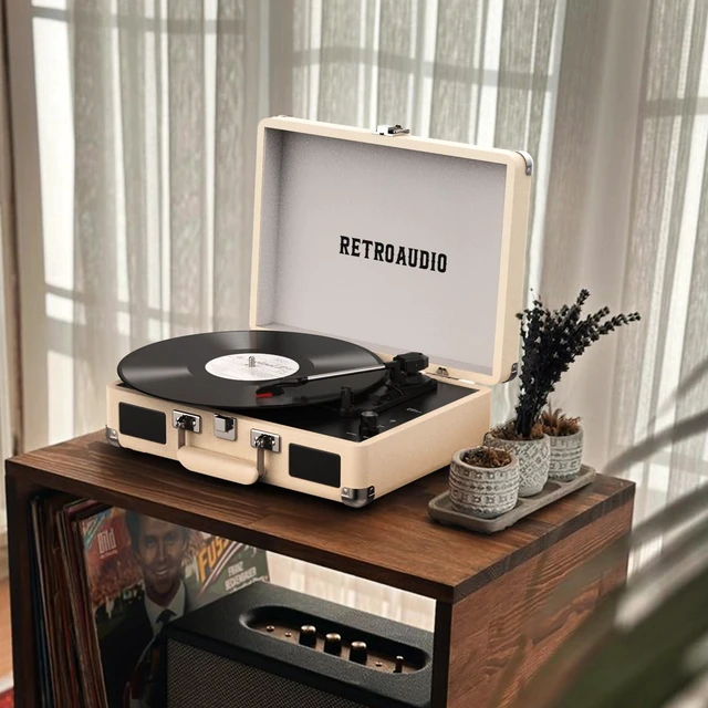 Alt view image 6 of 7 - Portable Bluetooth Vintage Vinyl Record Player Turntable 3-speed belt-driven vinyl player, dual built-in stereo speakers, RCA & AUX output, portable suitcase phonograph