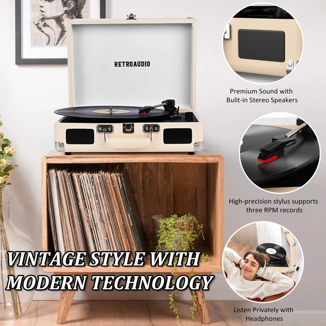 Alt view image 5 of 7 - Portable Bluetooth Vintage Vinyl Record Player Turntable 3-speed belt-driven vinyl player, dual built-in stereo speakers, RCA & AUX output, portable suitcase phonograph